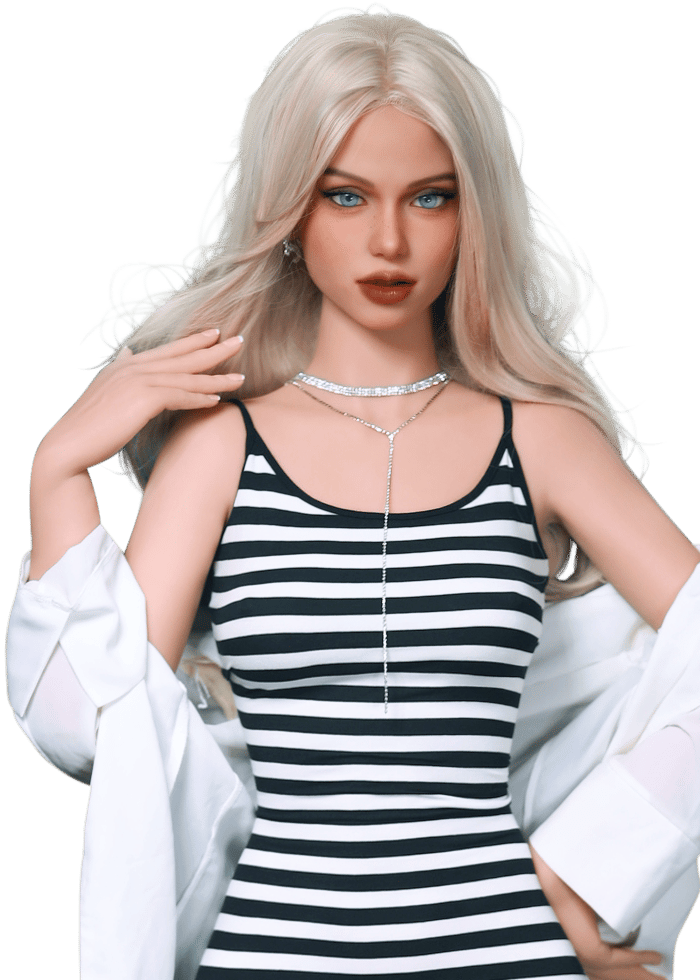 DutchDoll Hannah 161 cm lalka erotyczna blond włosy, top w paski i biała koszula, widok z przodu