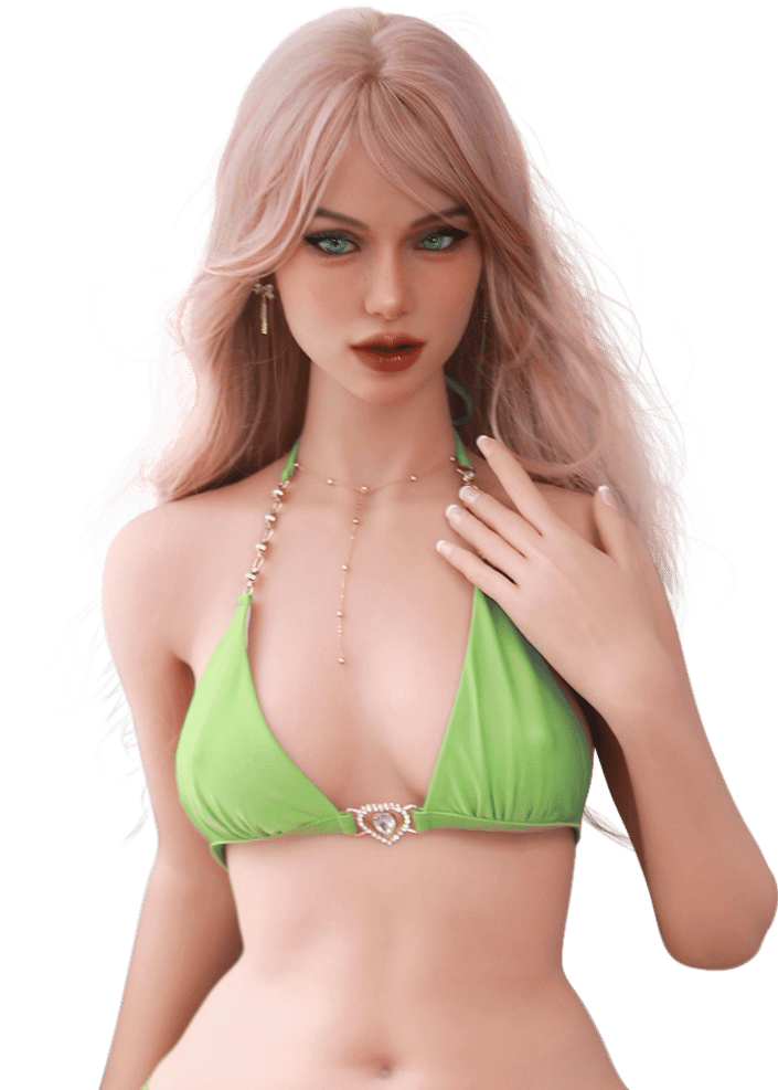 DutchDoll Rosie 161 cm muñeca sexual con cabello rosa y bikini verde, vista frontal