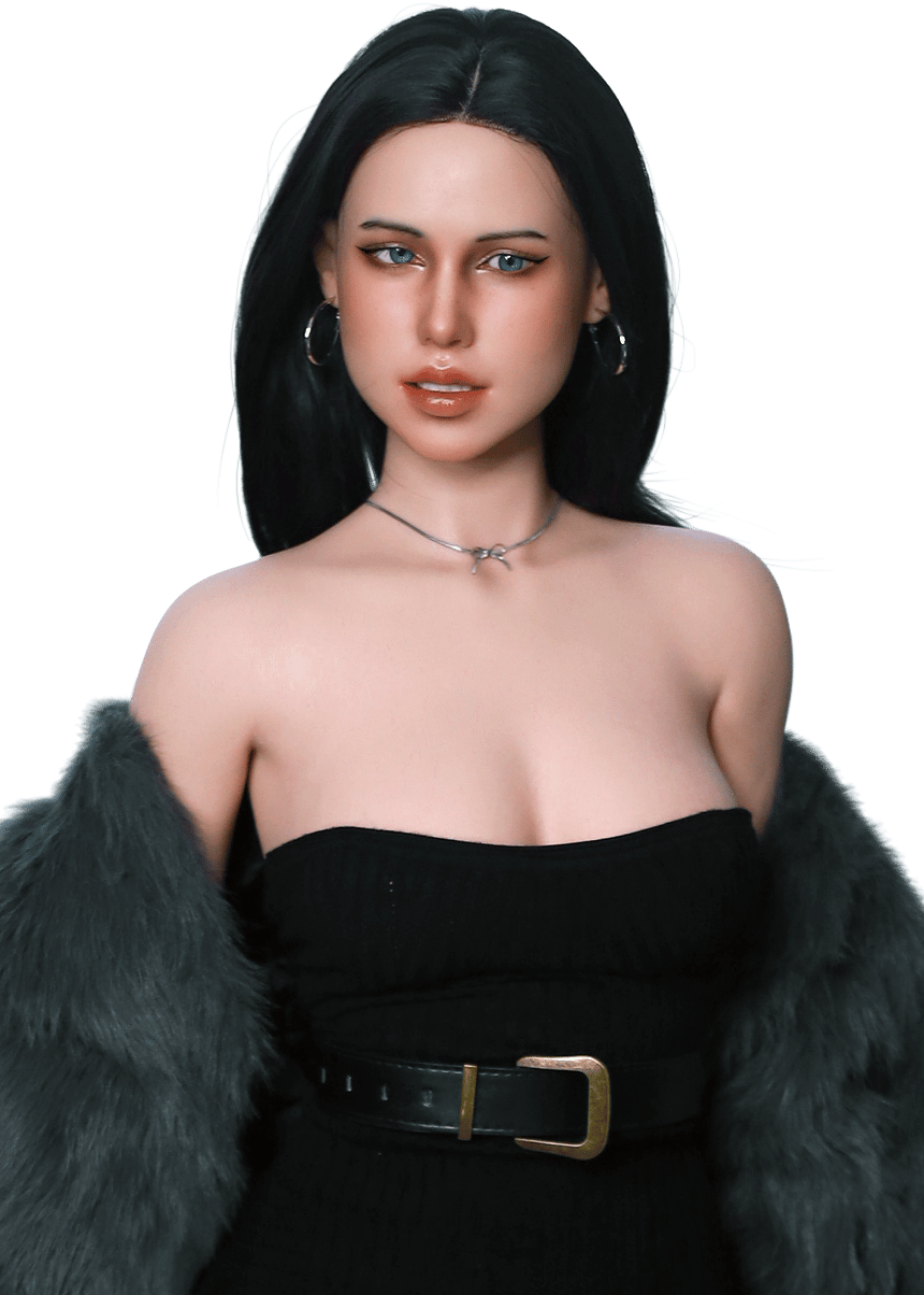 Lexydoll Naomi 160 cm секс кукла портрет с черна коса, сини очи, черен топ без презрамки и палто от кожа