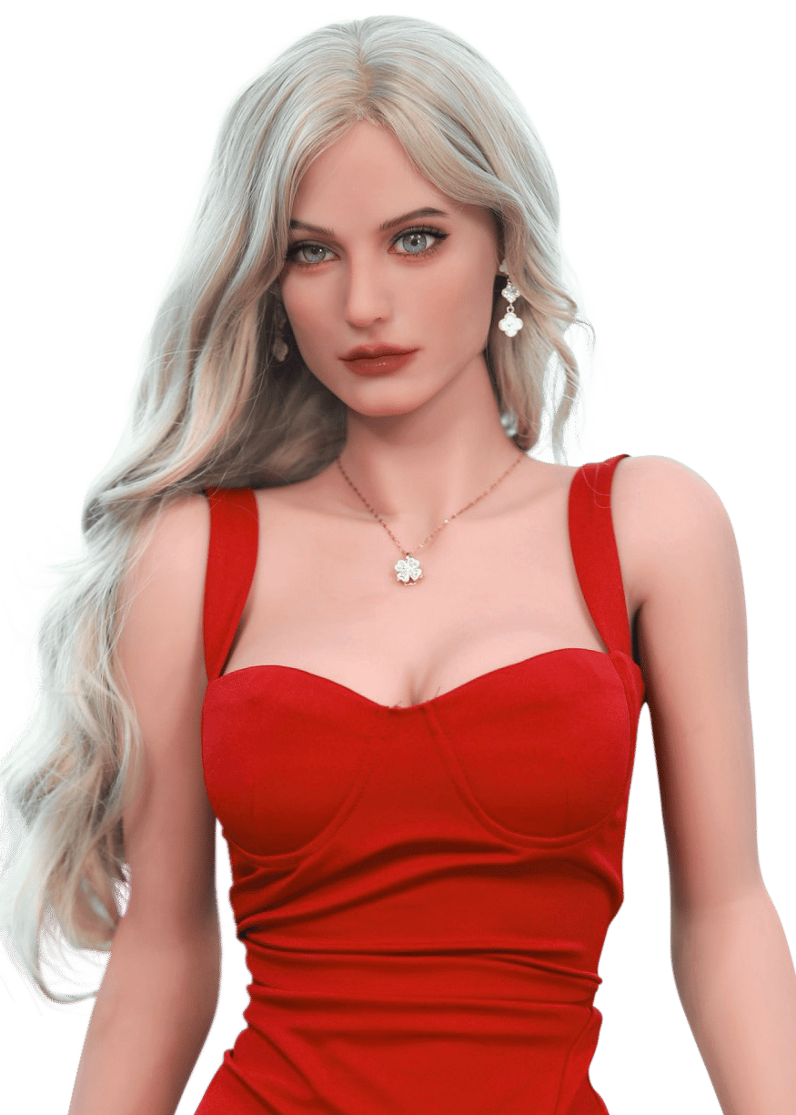 Blazedoll Roxy 166 cm lalka erotyczna z blond włosami i niebieskimi oczami w czerwonej sukience, portret