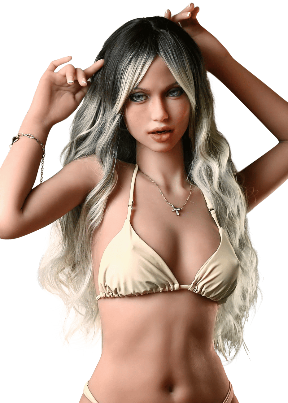 DutchDoll Chloe 161 cm poupée sexuelle vue de face, bikini beige, longs cheveux blonds ondulés avec racines foncées
