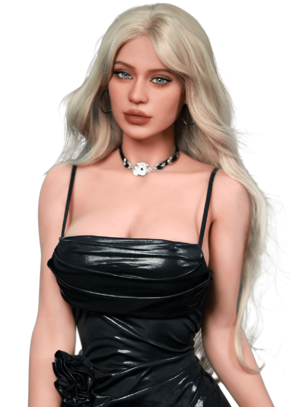 Blazedoll Stella 156 cm lalka erotyczna z blond włosami, niebieskimi oczami, czarną sukienką i naszyjnikiem, portret